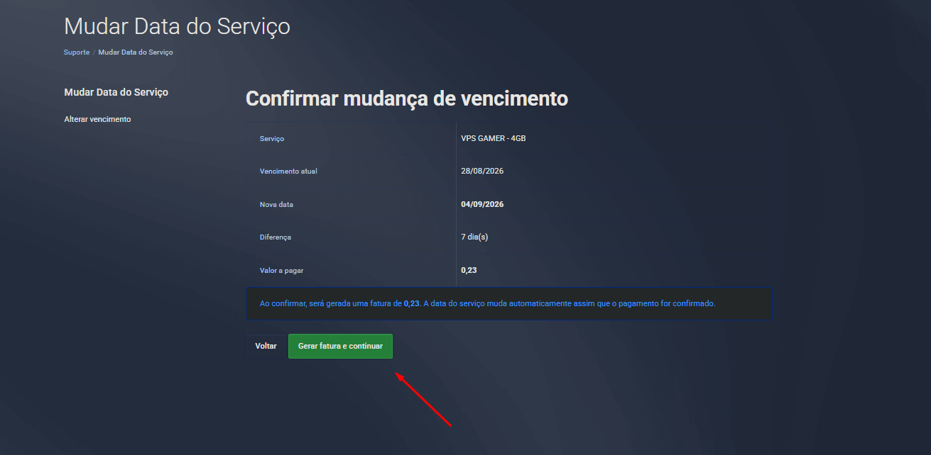 Como mudar a data de vencimento do serviço — passo 4 (South Host)
