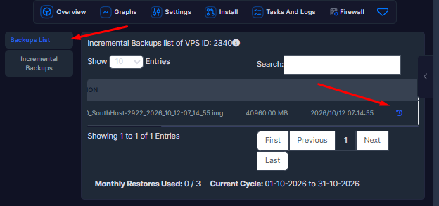 Selecionar o backup na Backup List e restaurar — South Host