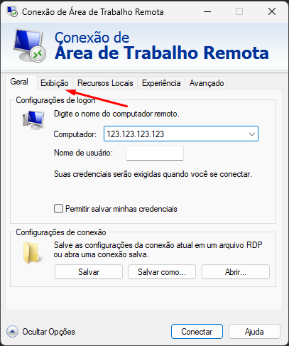 Como alterar o tamanho da tela do RDP — passo 2 (South Host)