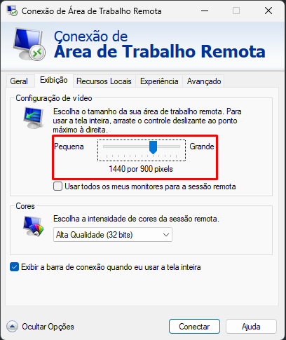 Como alterar o tamanho da tela do RDP — passo 3 (South Host)