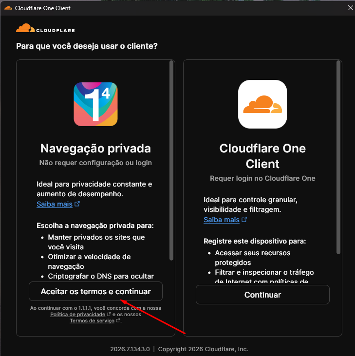 Melhorar conexão para jogos — escolha a opção Navegação privada no Cloudflare WARP (South Host)